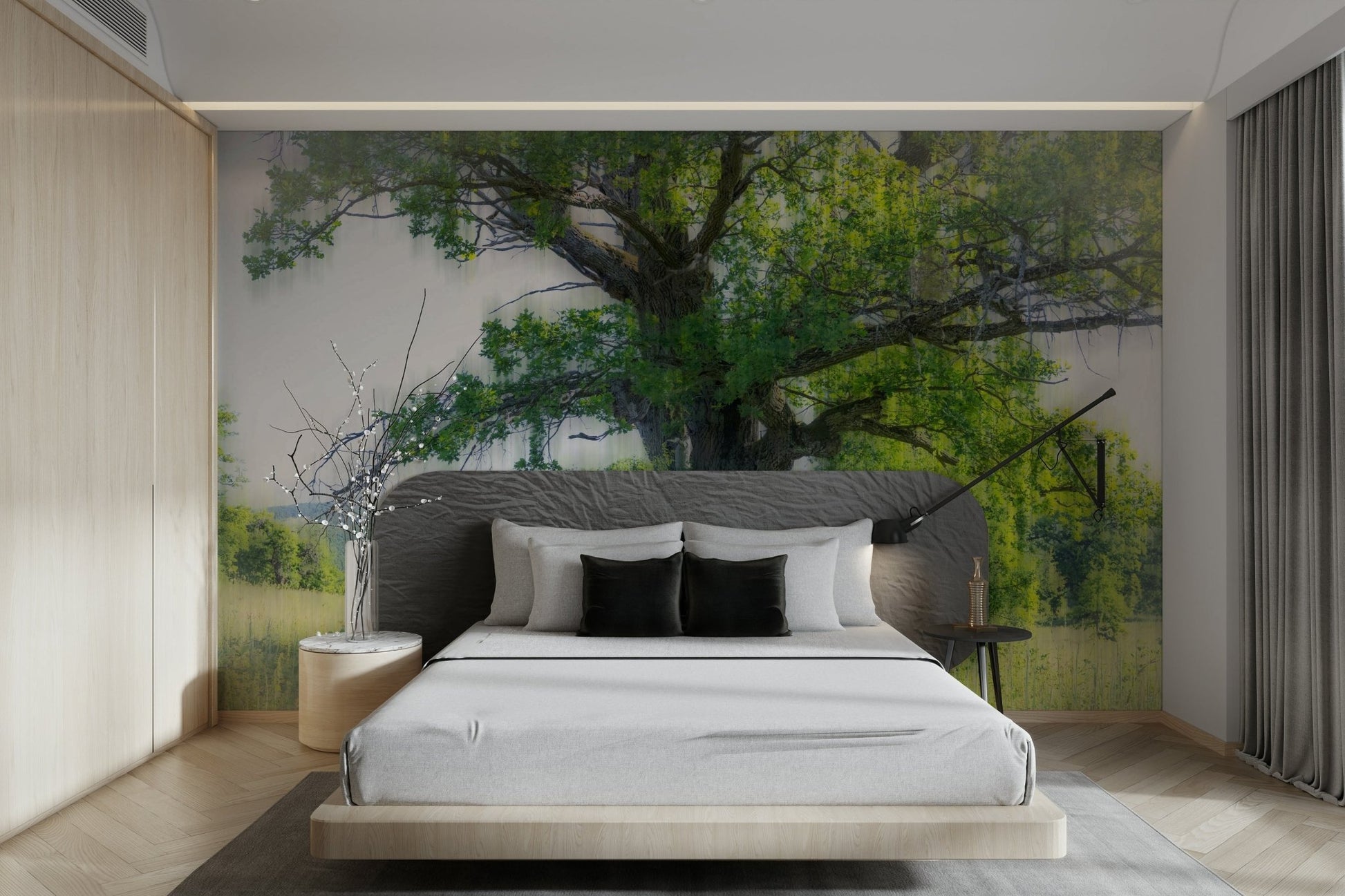 The wall mural is installed on a living room feature wall.

