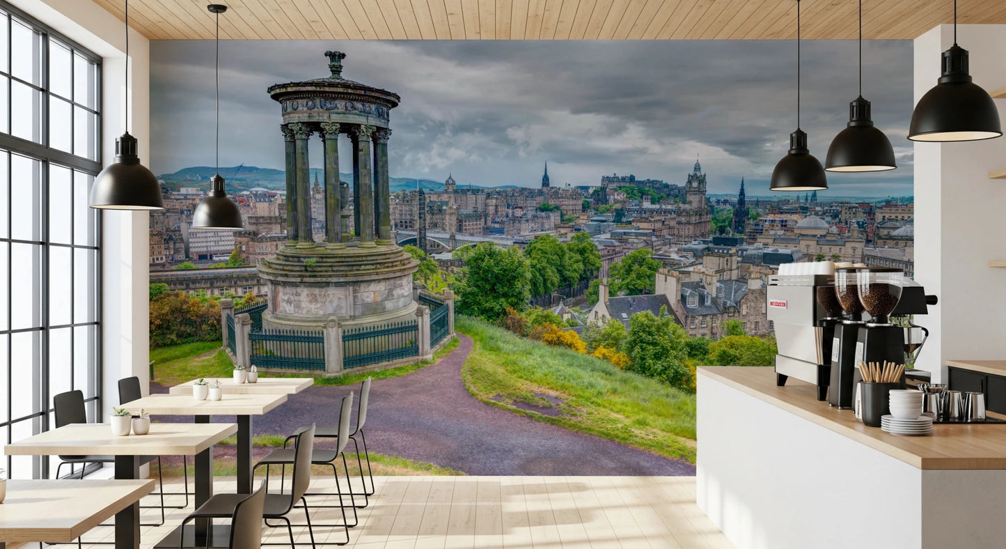 Cafe area featuring Majestic Hilltop View wall mural skyline view