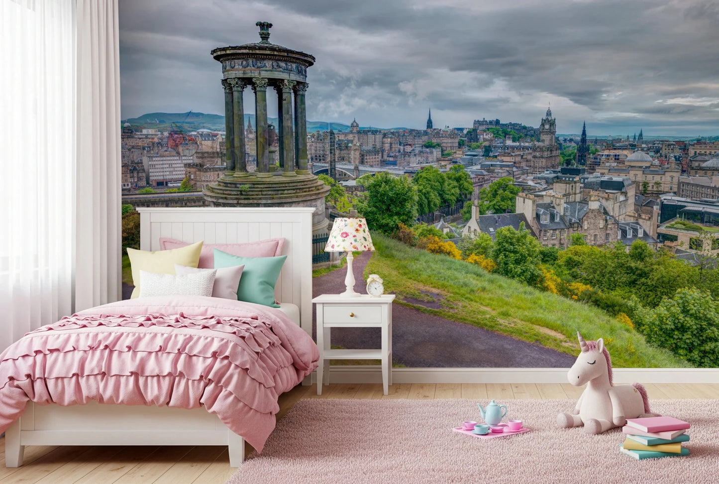 Majestic Hilltop View mural with historic structure and skyline