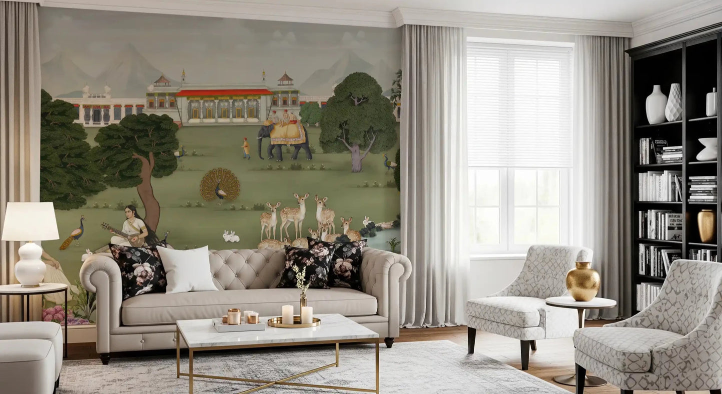 Indian palace wall mural featuring wildlife, river, and garden artwork, GD8973