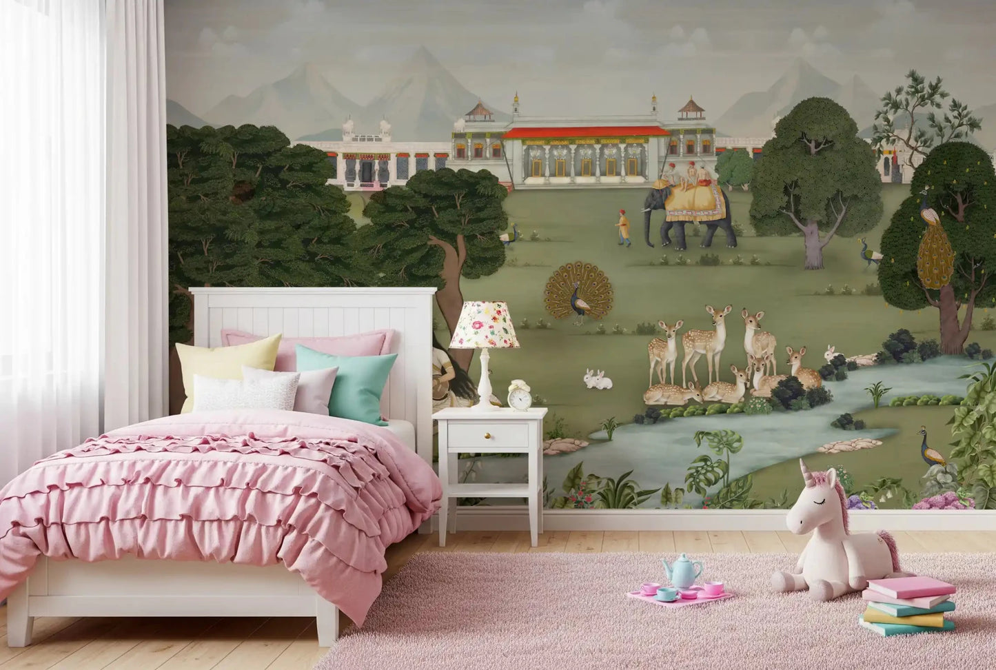 Cultural wall mural showing music, palace architecture, and greenery, GD8973