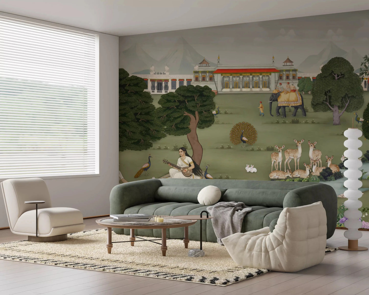 Hallway Indian landscape wall mural with deer, peacocks, and river art, GD8973