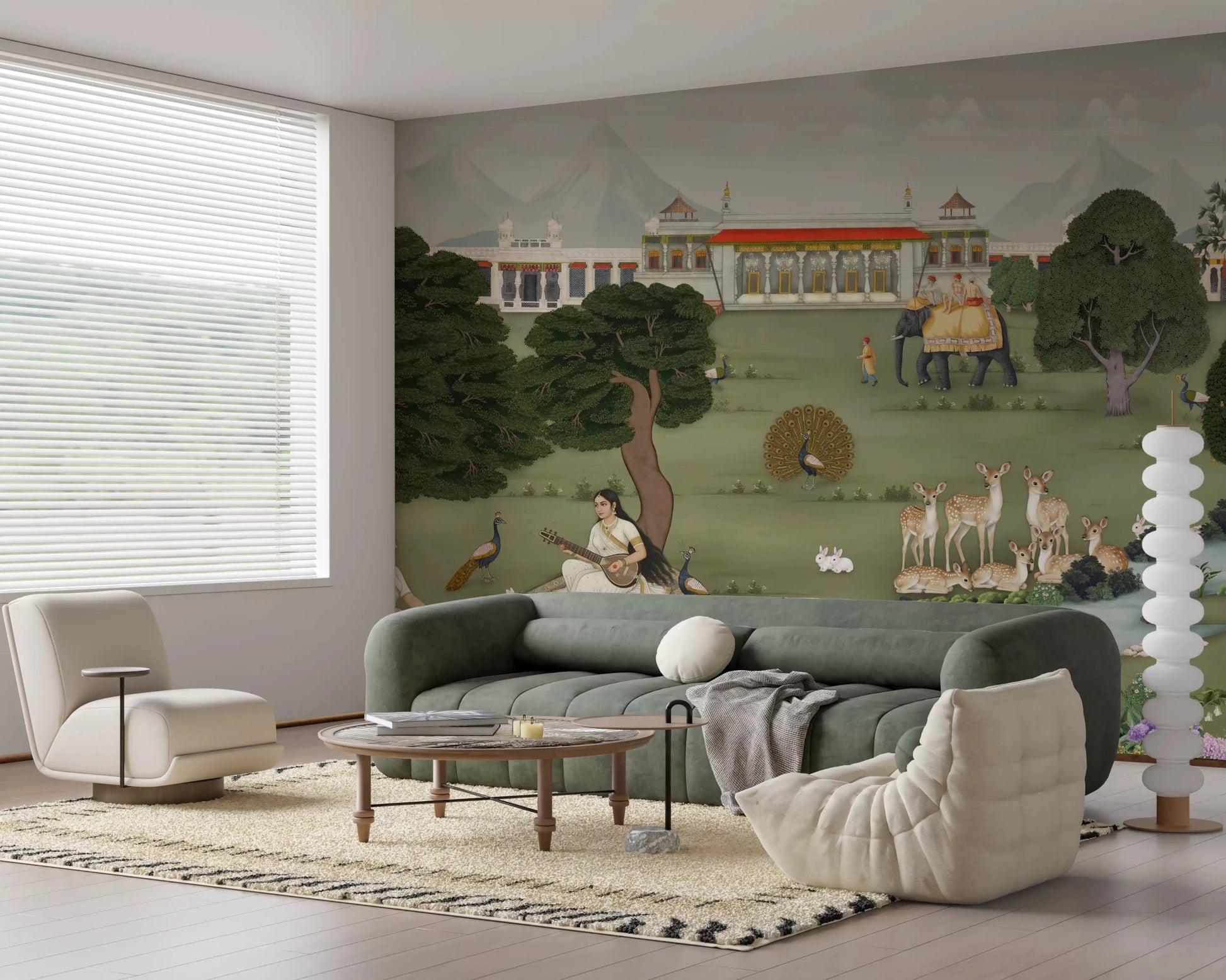 Hallway Indian landscape wall mural with deer, peacocks, and river art, GD8973
