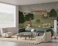 Hallway Indian landscape wall mural with deer, peacocks, and river art, GD8973