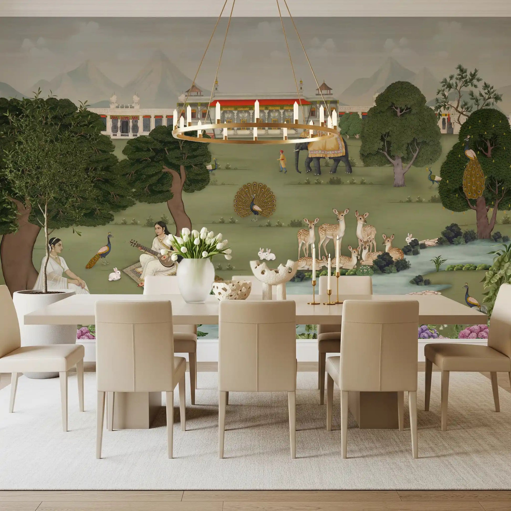 Royal India wall mural with elephant, palace, and garden scenery, GD8973