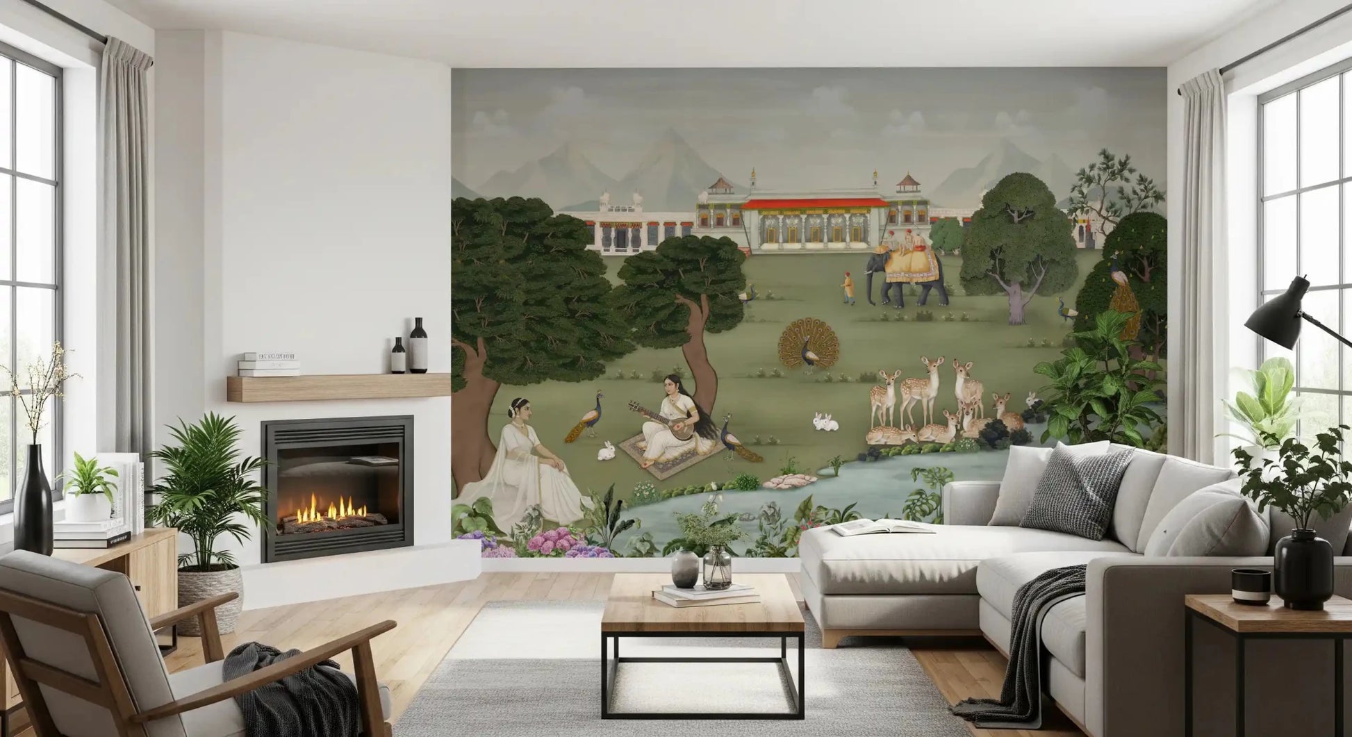 Landscape wall mural with mountains, water, deer, and floral borders, GD8973