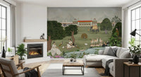 Landscape wall mural with mountains, water, deer, and floral borders, GD8973