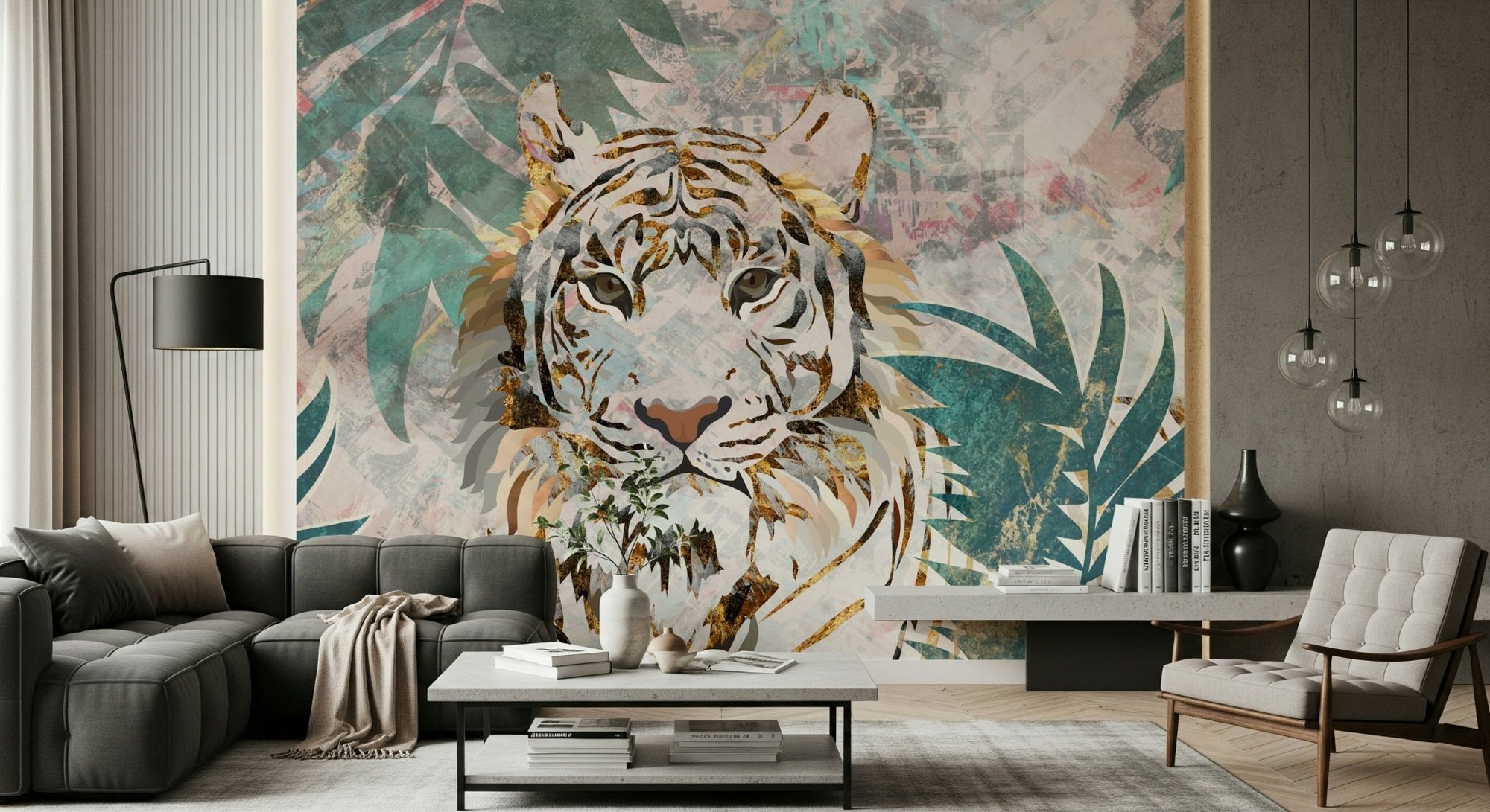 A beautiful majestic tiger wallpaper mural in a lush jungle setting., GD5686