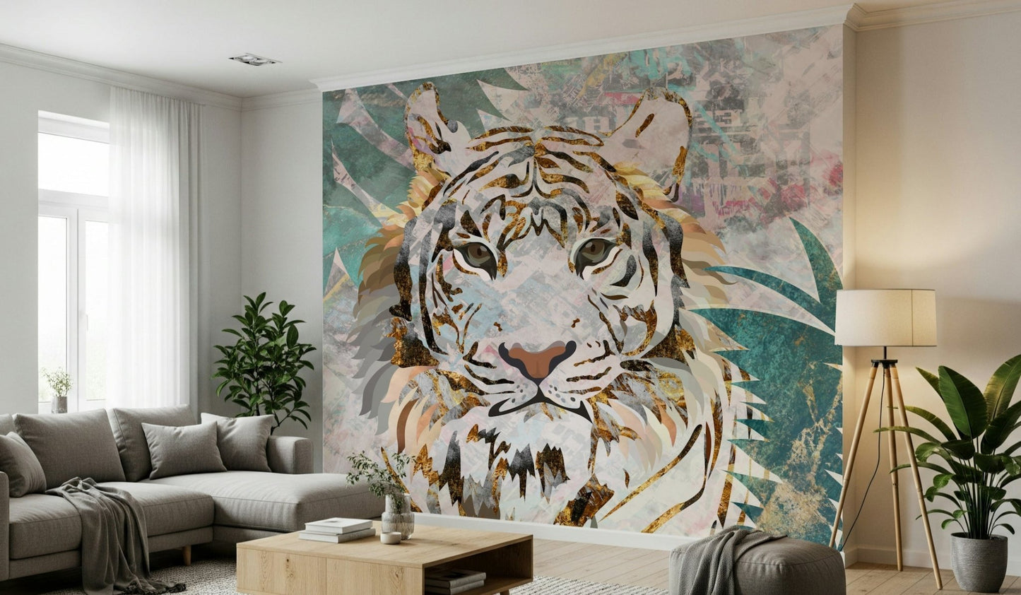 A peaceful jungle theme mural on decorative wallpaper.