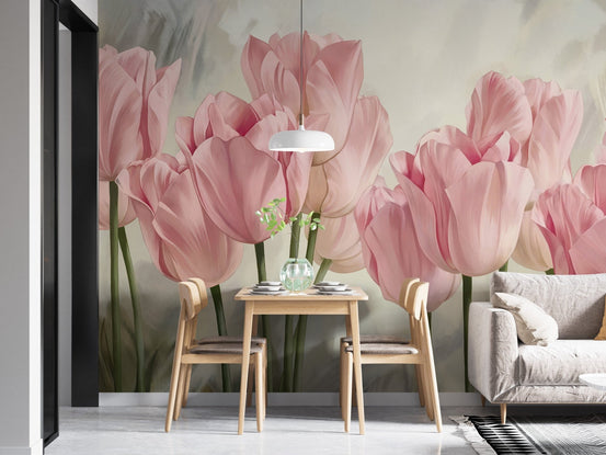 Pink Tulip Field Wallpaper Mural B581
