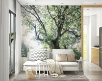 The wall mural is installed on a living room feature wall.

