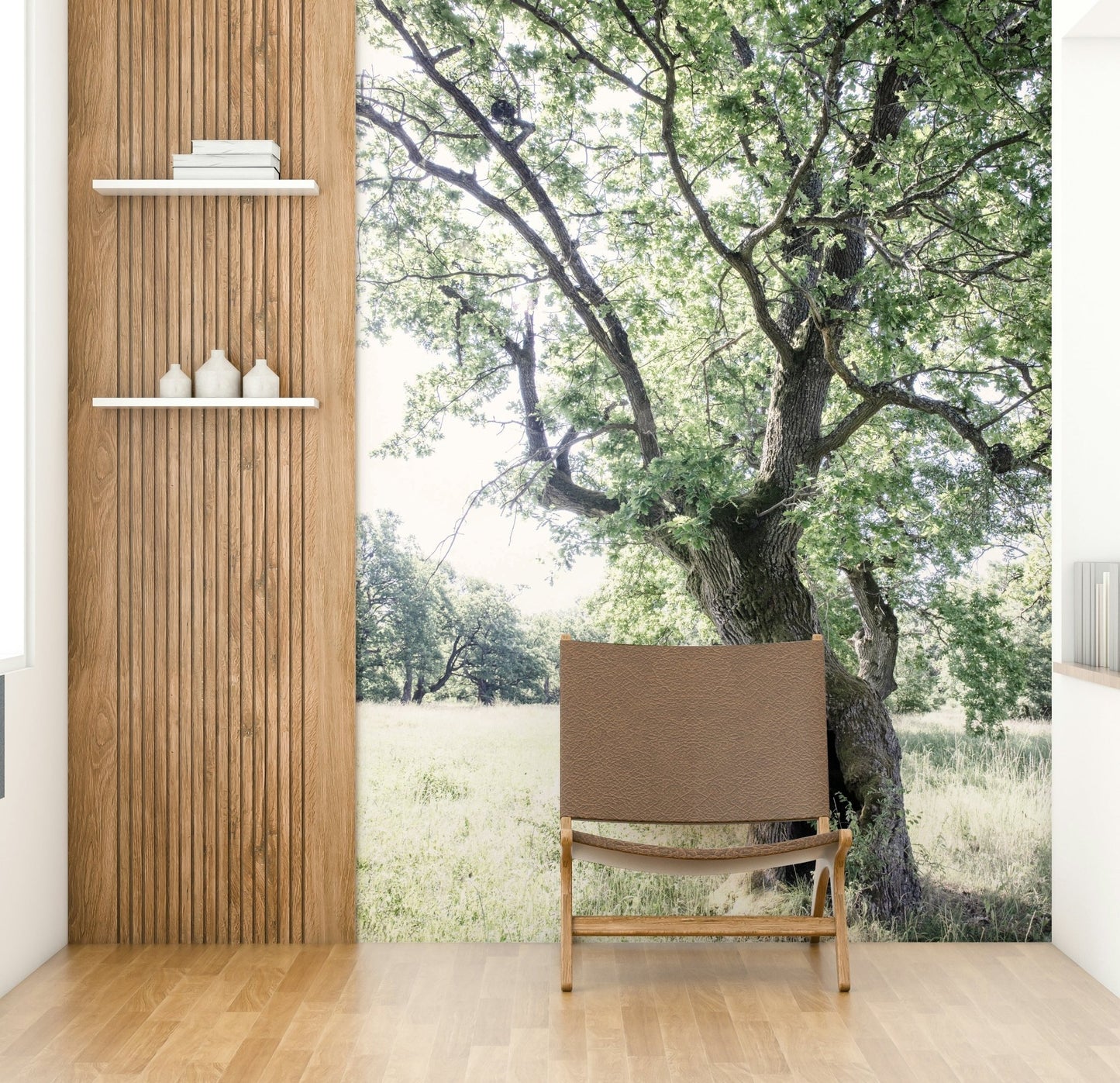 The room feels grounded and peaceful due to the natural scene.

