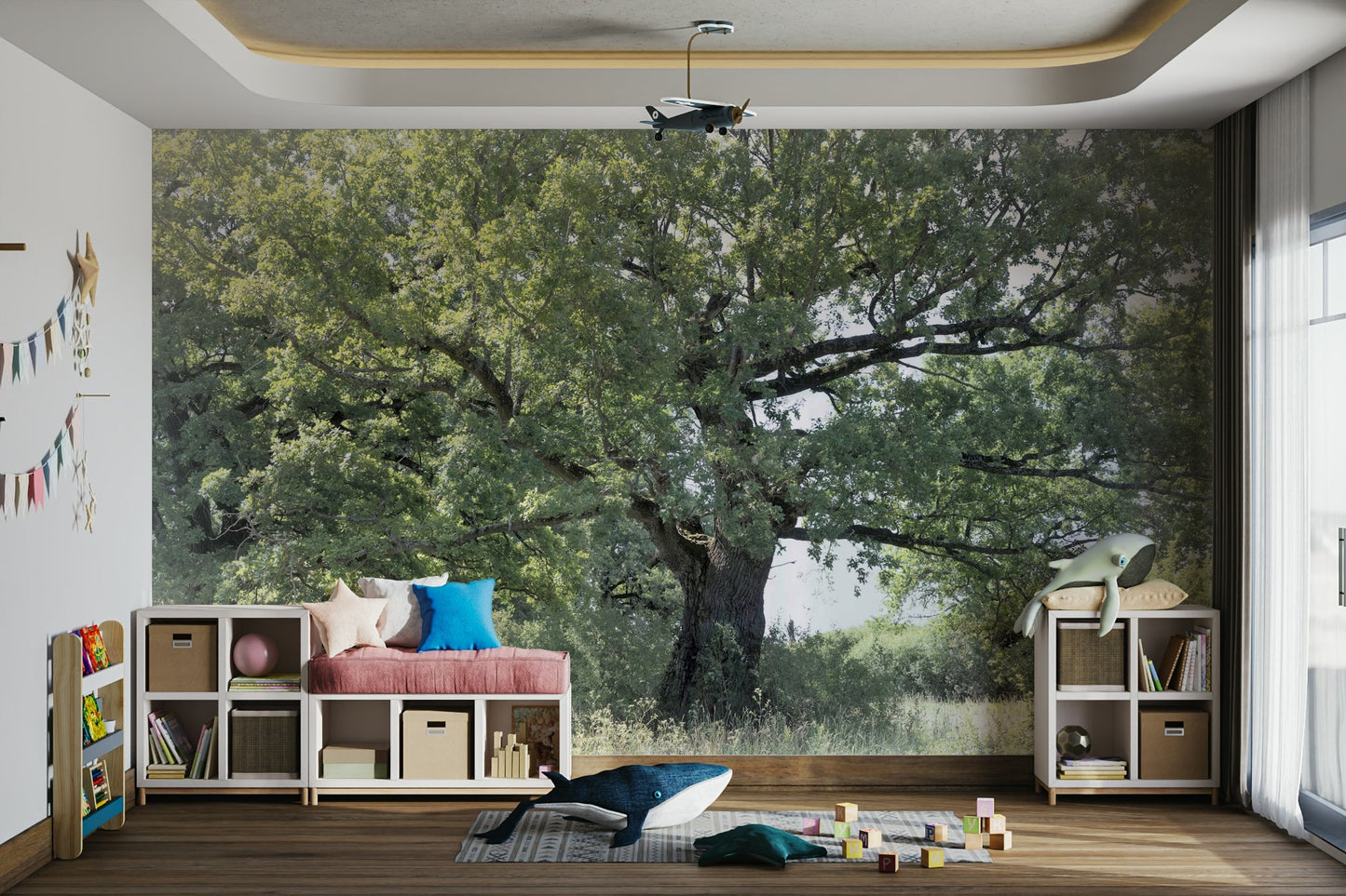 The wall mural is installed on a living room feature wall.

