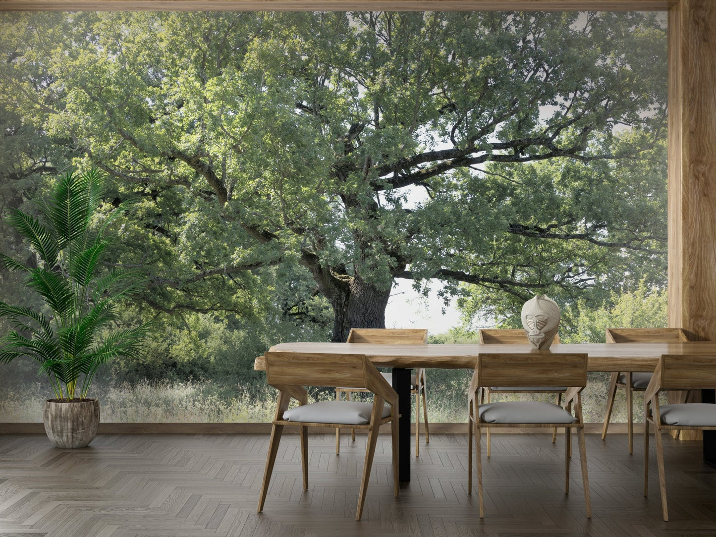 A photo-realistic wall mural of a majestic oak tree in a serene landscape.

