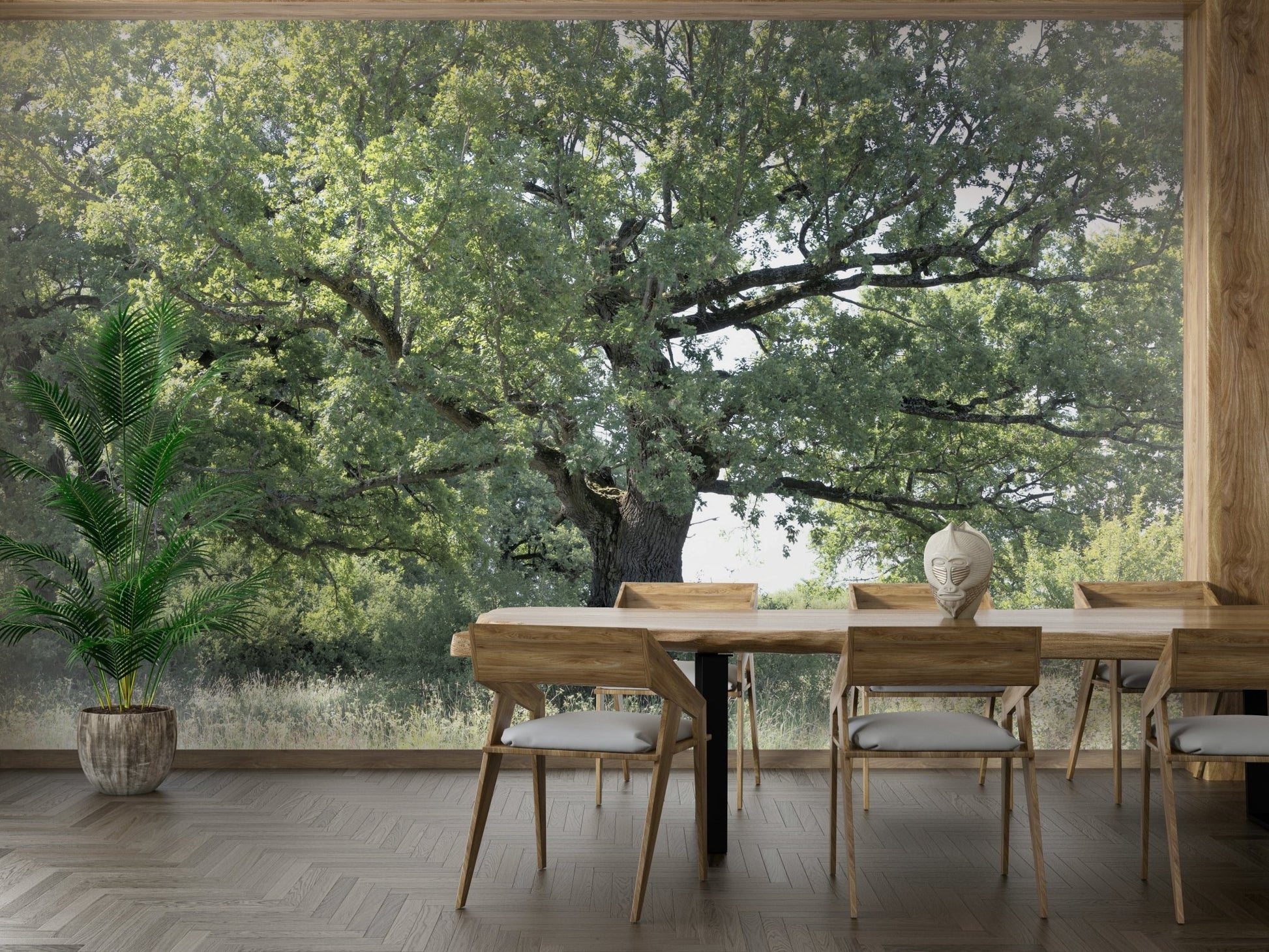 A photo-realistic wall mural of a majestic oak tree in a serene landscape.

