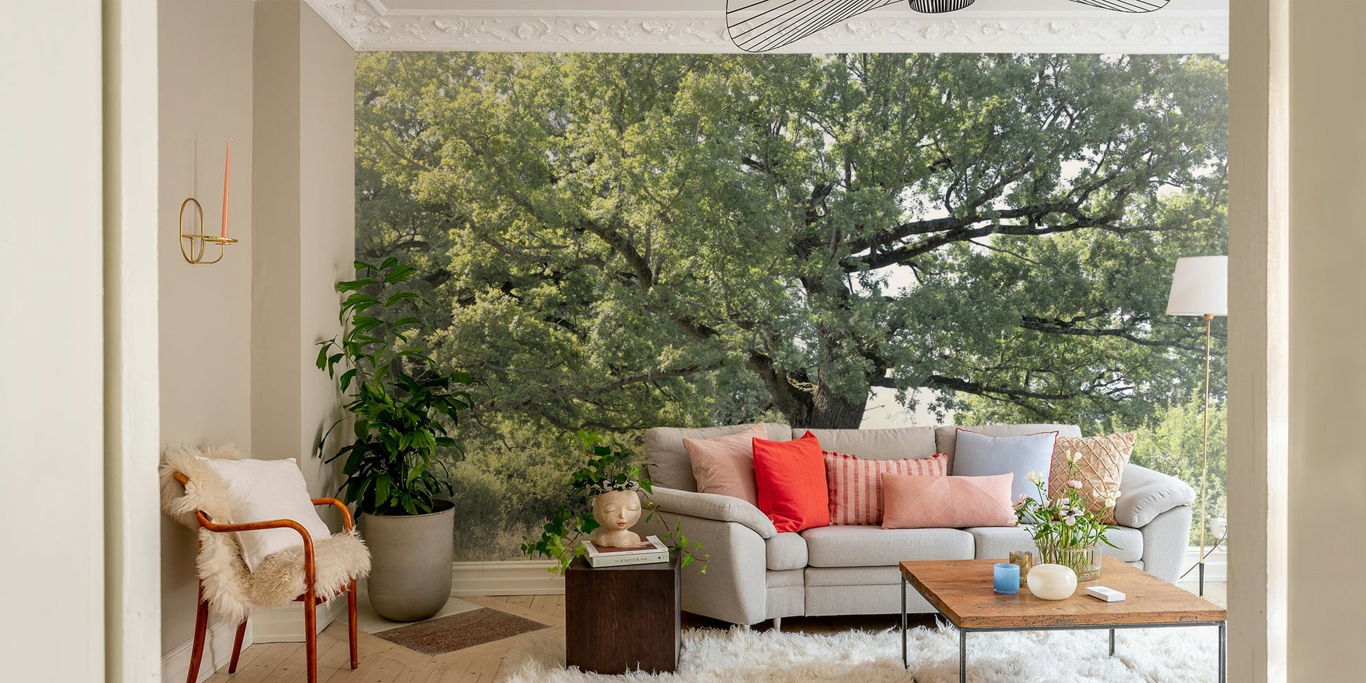 The wallpaper is applied seamlessly, making the view feel realistic.

