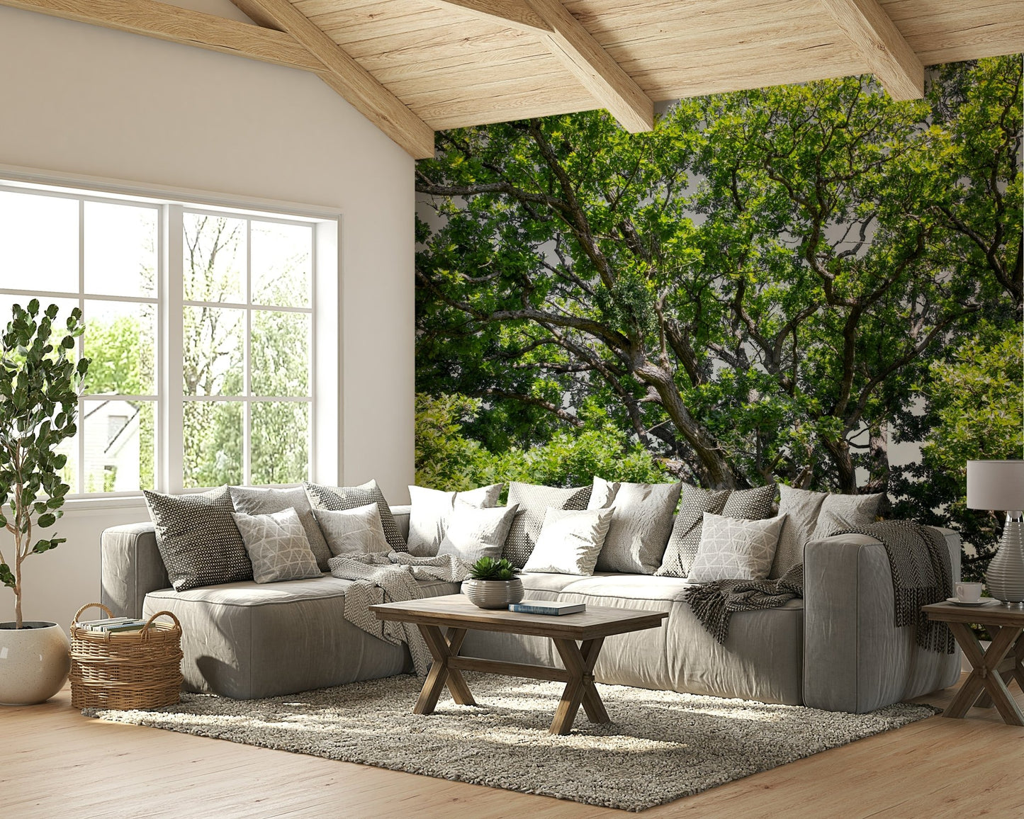 The room feels grounded and peaceful due to the natural scene.

