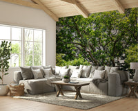 The room feels grounded and peaceful due to the natural scene.

