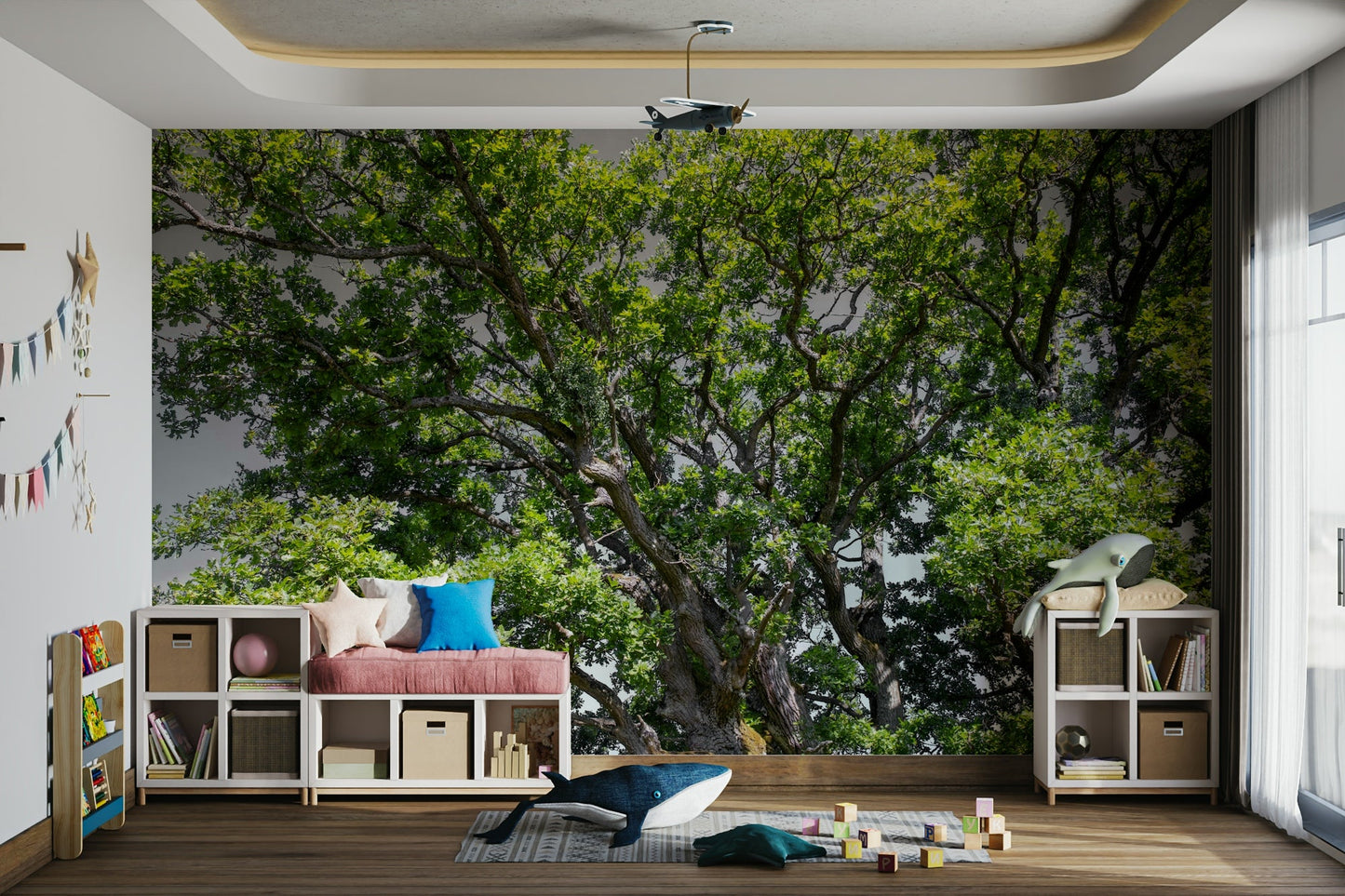 The image shows the lush green leaves and sturdy branches of a large oak tree.

