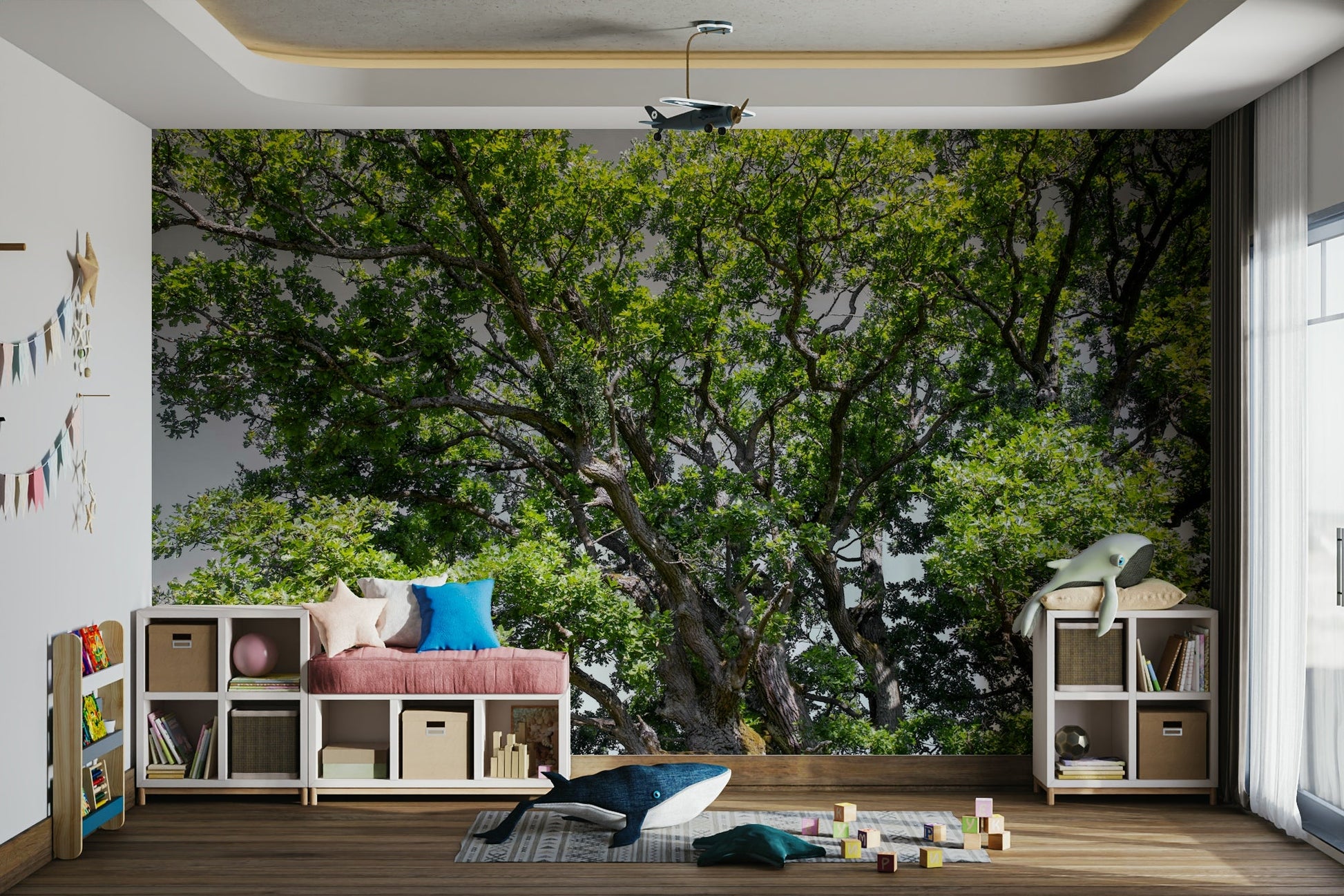 The image shows the lush green leaves and sturdy branches of a large oak tree.

