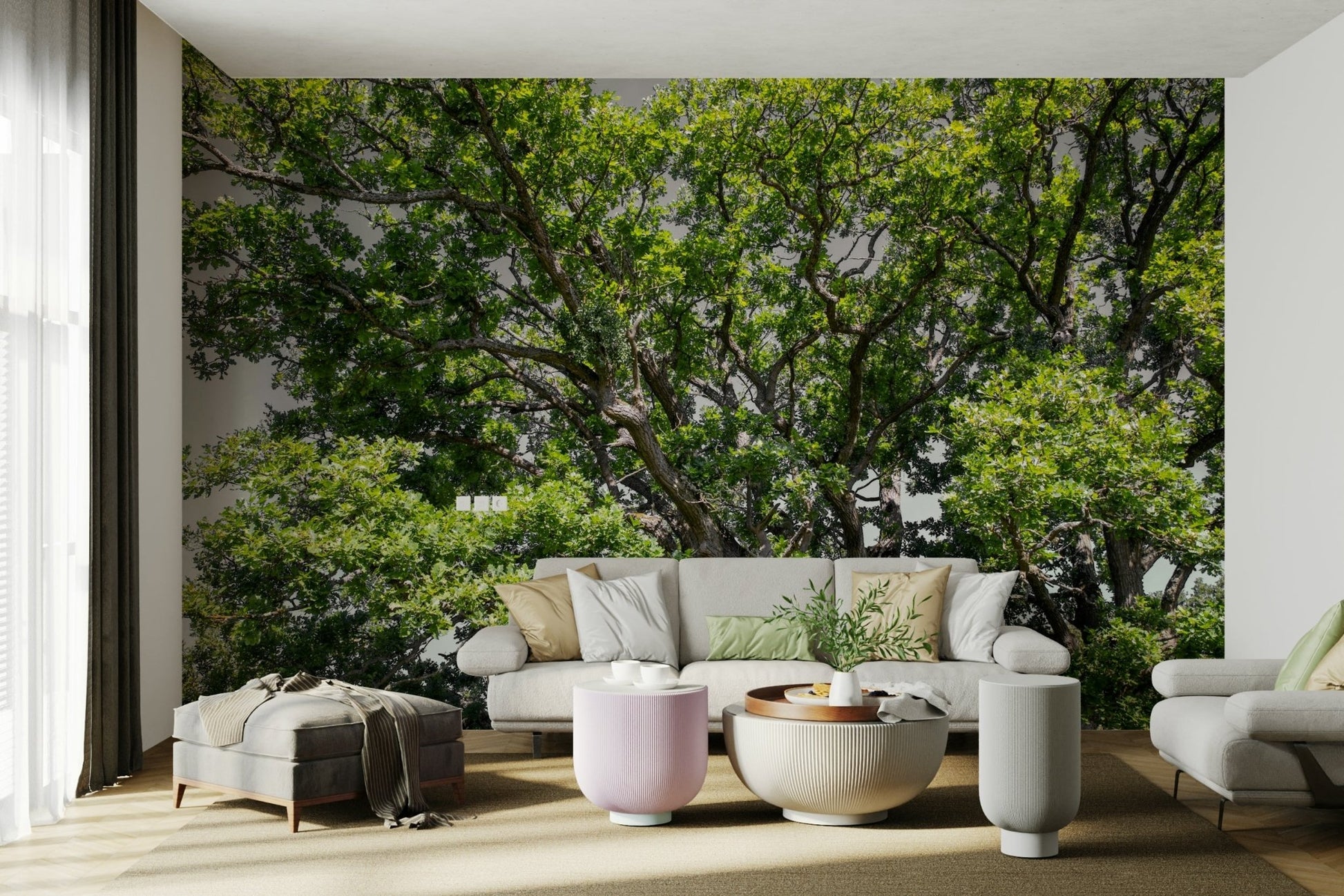 Sunlight filters through the foliage, creating a peaceful and bright feel.

