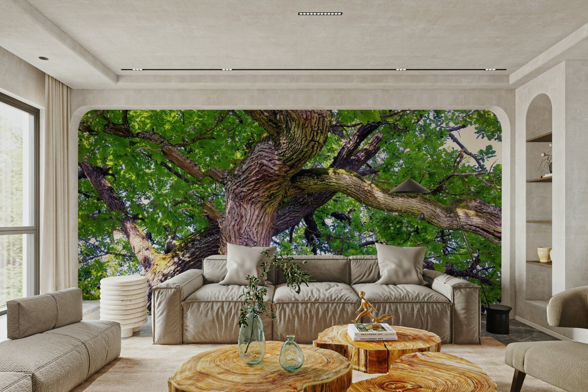 The wall mural is installed on a living room feature wall., GD2746