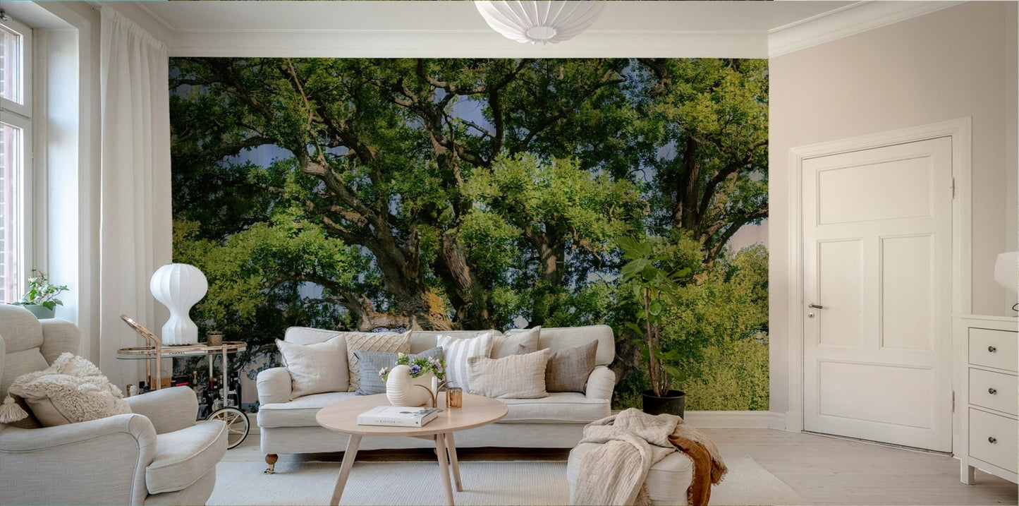 The wall mural is installed on a living room feature wall.

