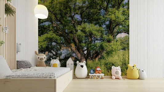 A photo-realistic wall mural of a majestic oak tree in a landscape.

