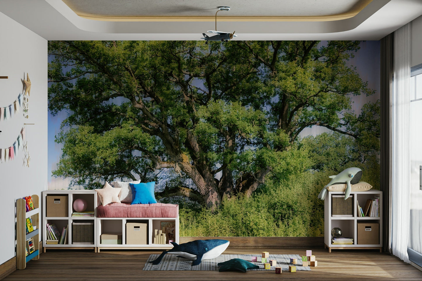 The room feels grounded and peaceful due to the natural scene.

