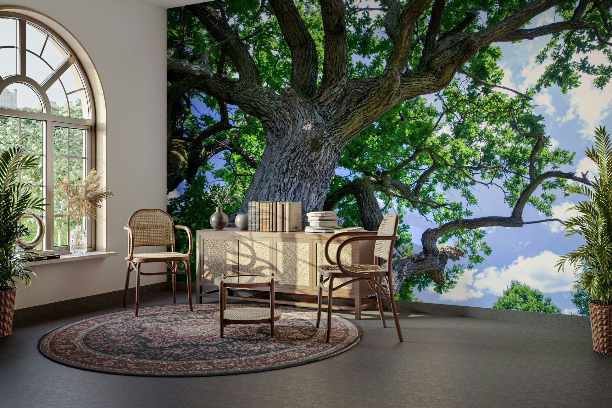 The background is a soft, peaceful blue sky.

