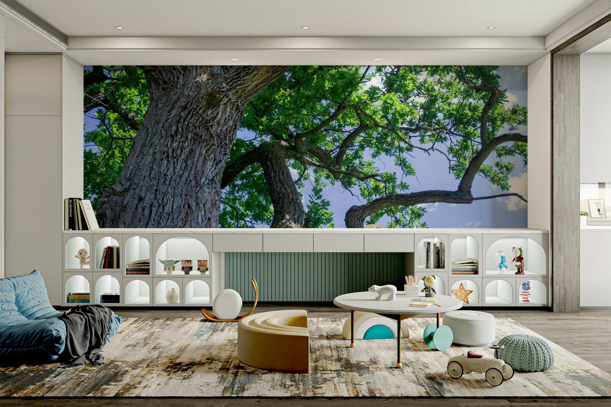 A close-up view of the detailed foliage of the majestic oak tree.

