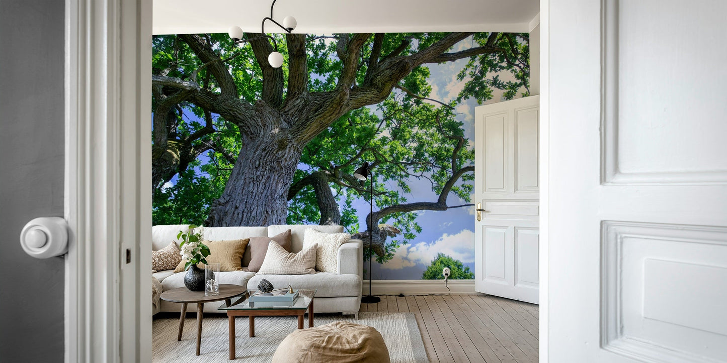 The room feels grounded and peaceful due to the natural scene.

