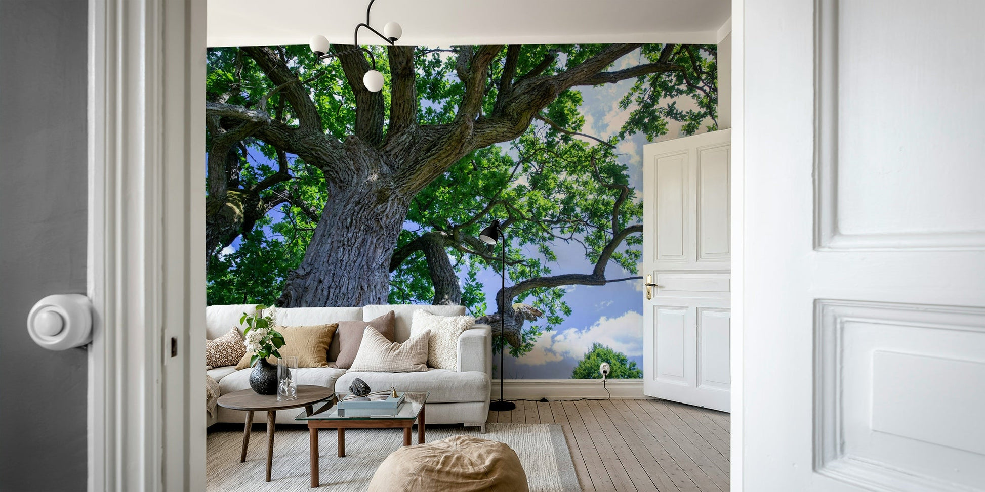 The room feels grounded and peaceful due to the natural scene.

