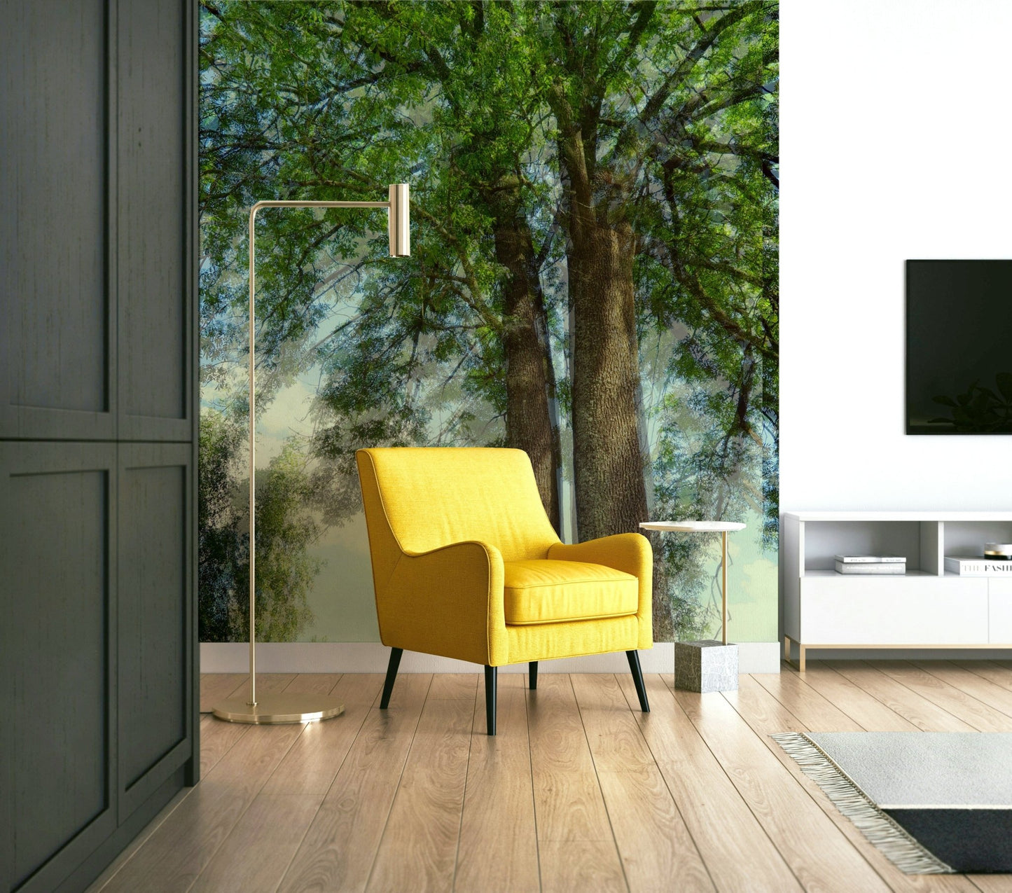 The wall mural is installed on a living room feature wall.

