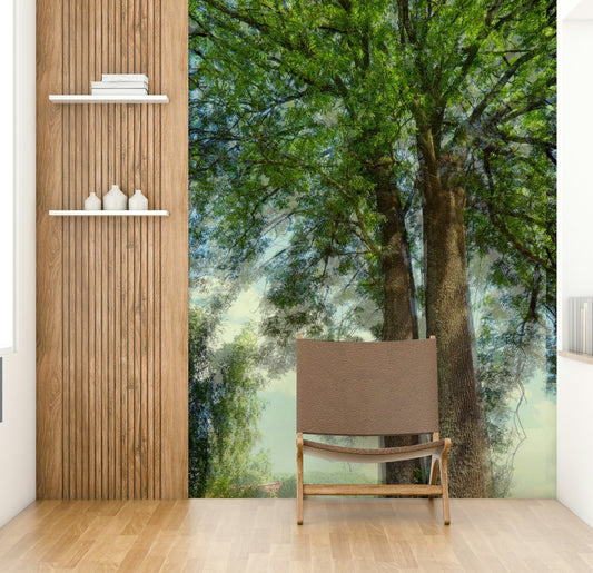 The image shows the lush green foliage of tall trees from a low angle, looking up.

