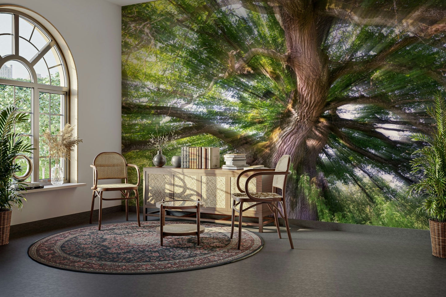 The wallpaper is applied seamlessly, making the view feel realistic.

