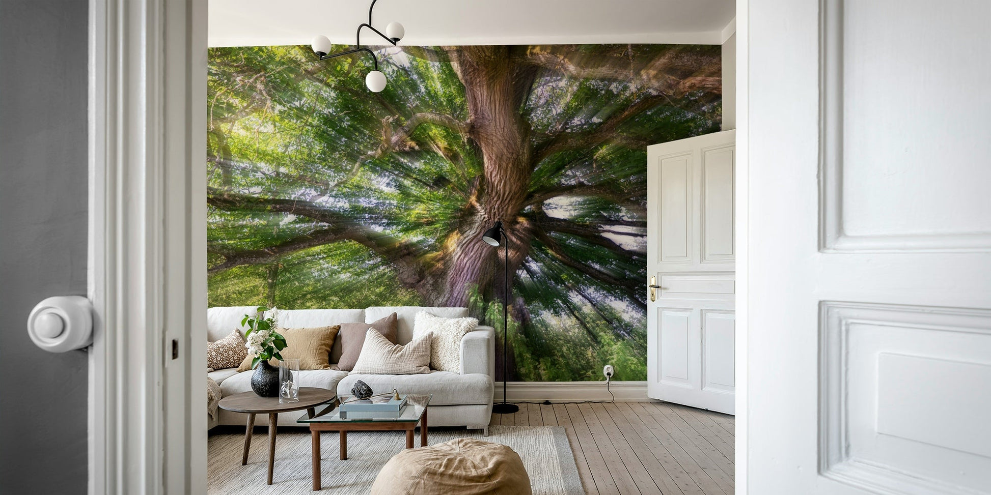 A photo-realistic wall mural of a vibrant forest scene.

