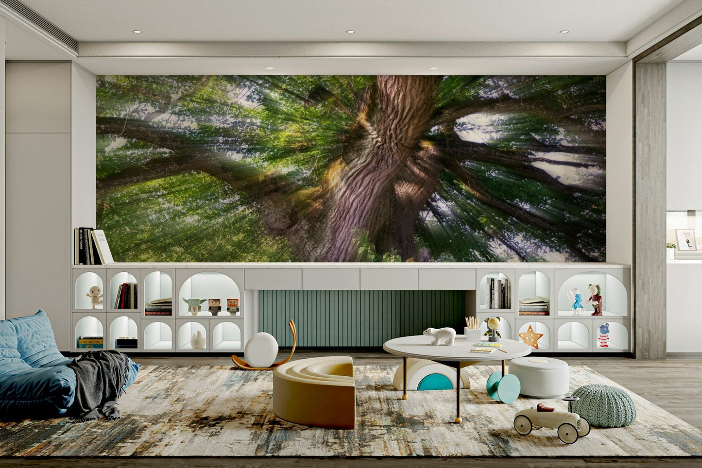 Sunlight filters through the tree canopy, creating a lively feel.

