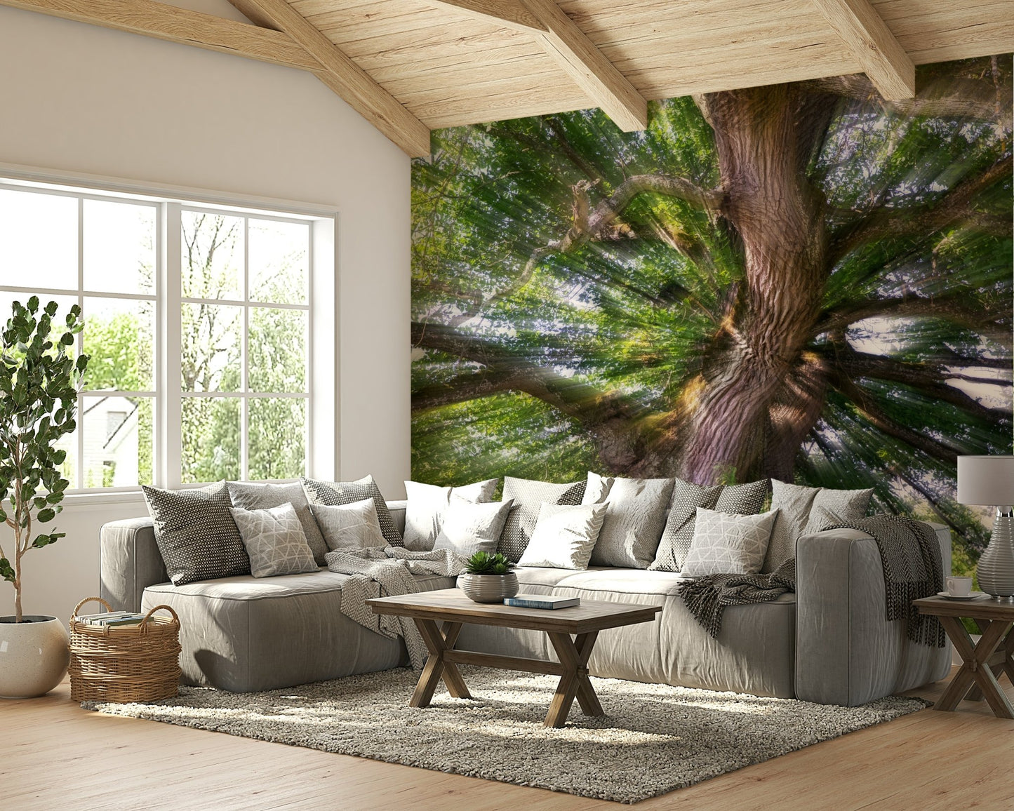 The wall mural is installed on a living room feature wall.


