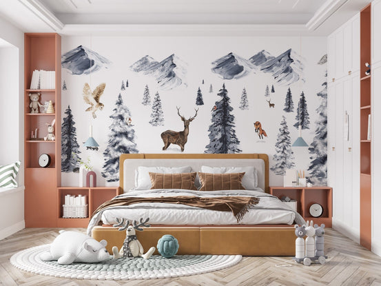 Winter wonderland wallpaper with deer and snowy trees KB54