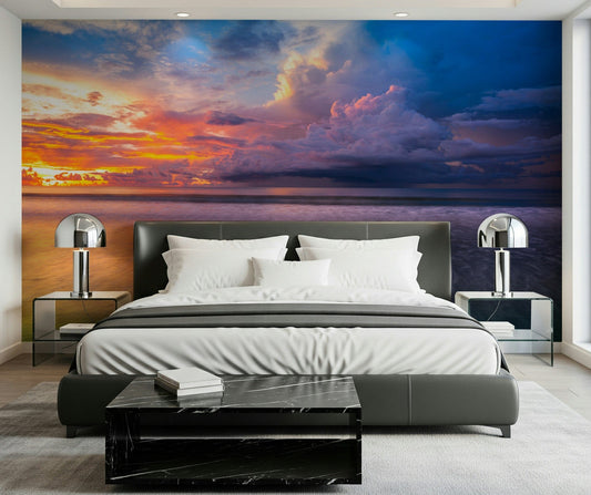 Vivid Storm Clouds sunset wallpaper on water, rich in crimson and violet hues.