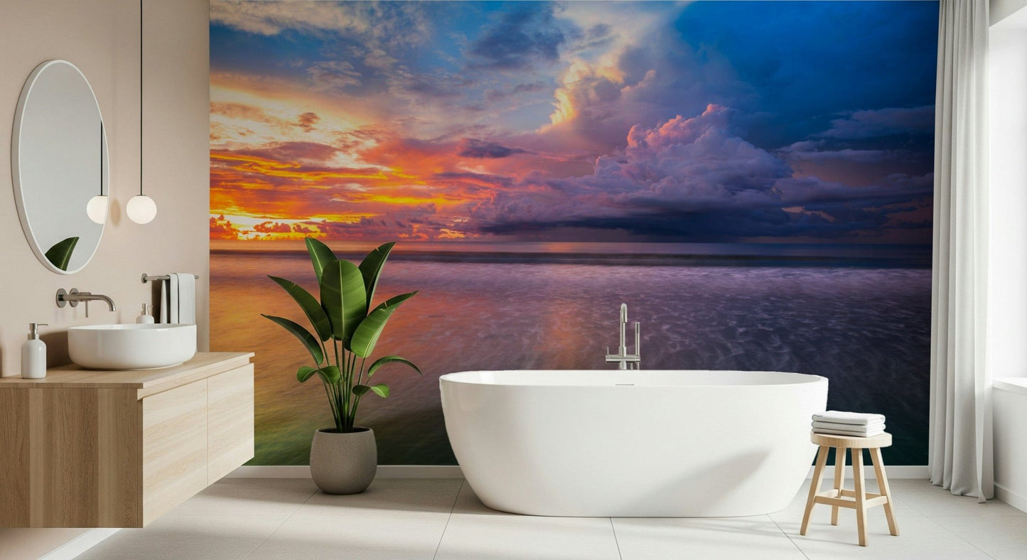 Powerful evening Storm Clouds wall mural with electric blue and orange coloration.