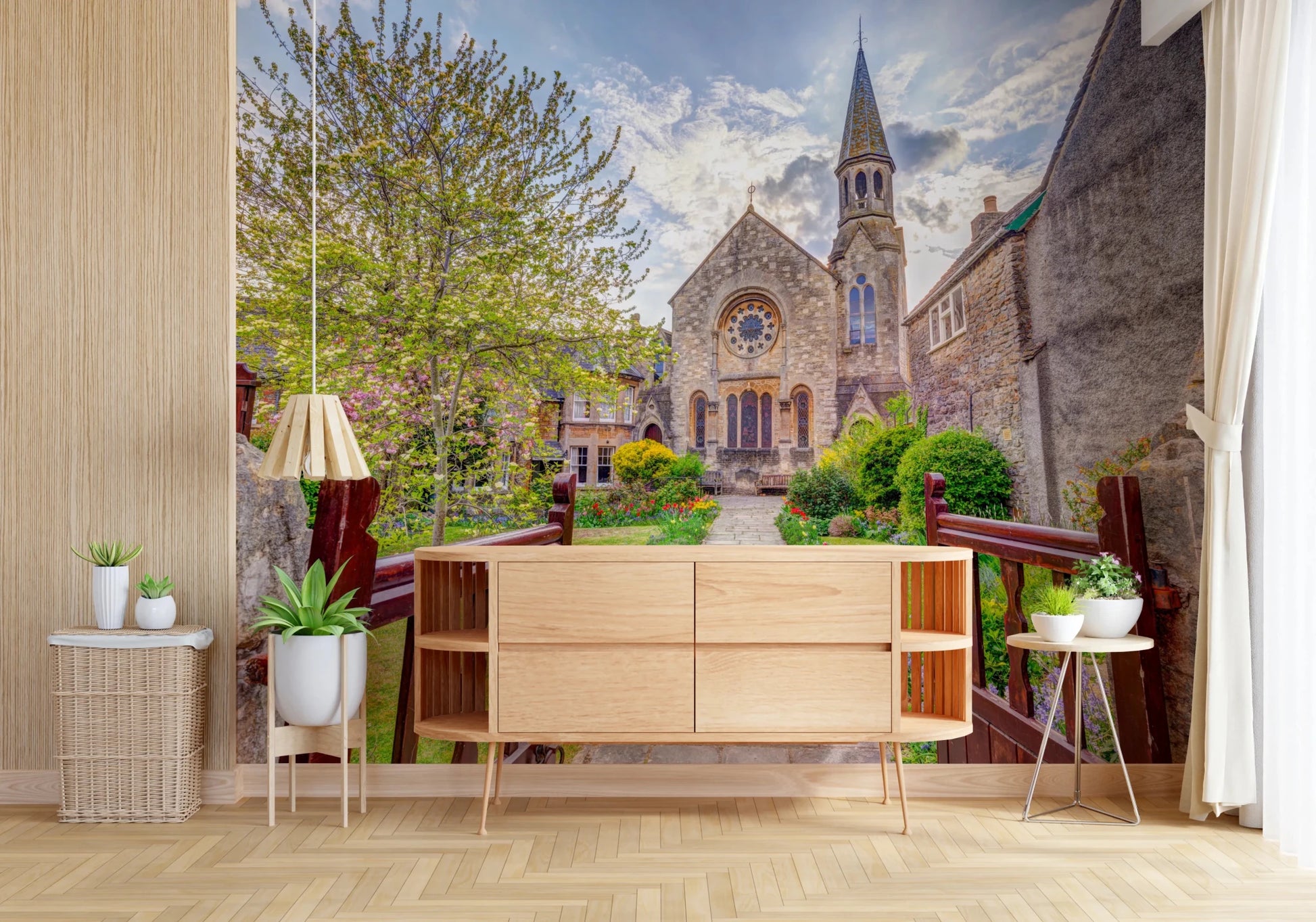 Traditional stone structure in Malmesbury Church Wall Mural with landscaped garden