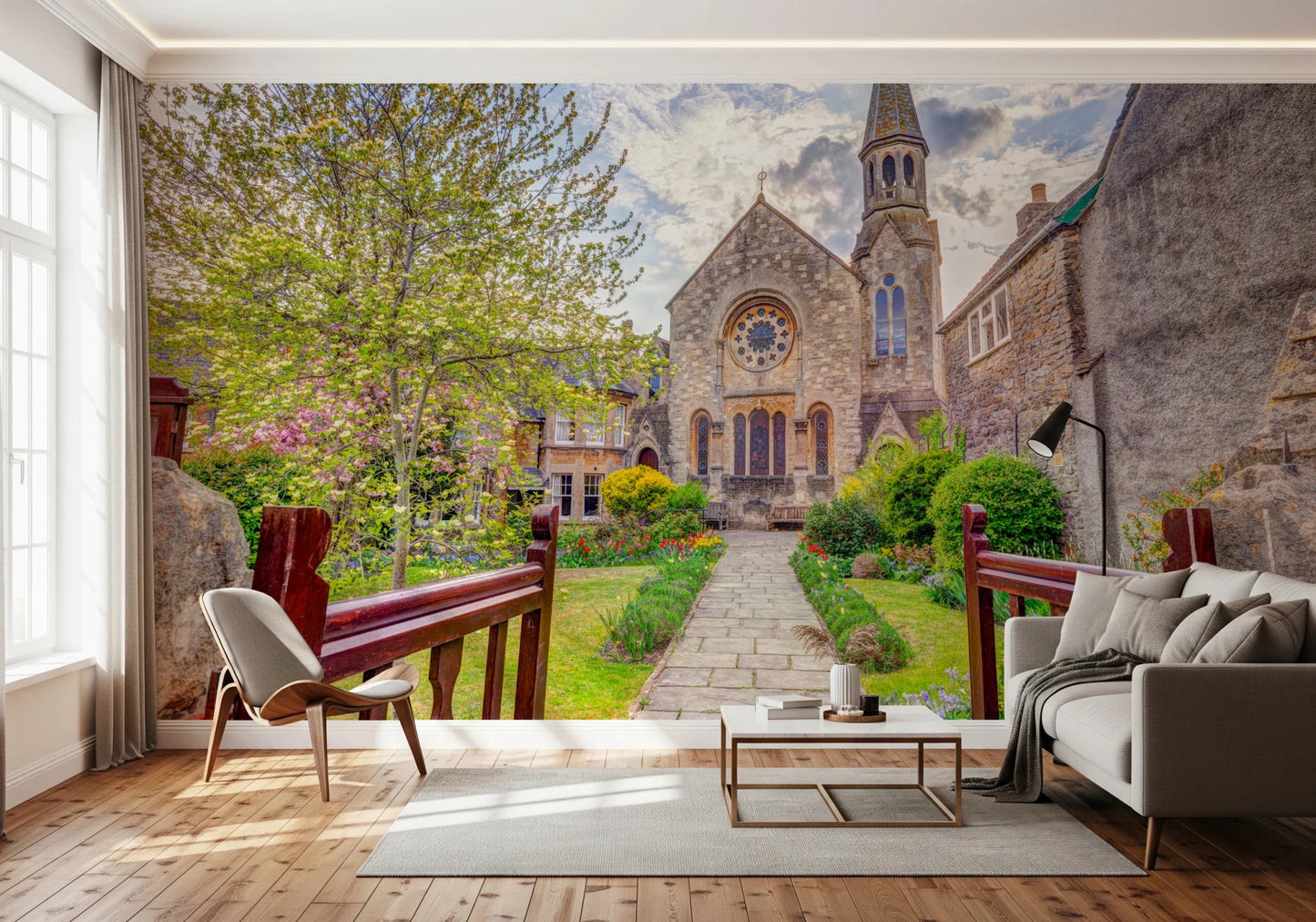Historic stone building in Malmesbury Church Wall Mural with greenery details