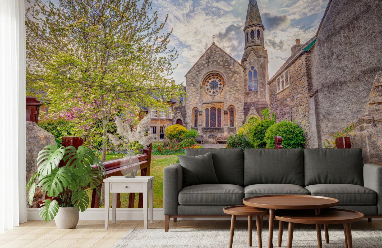 Garden pathway leading to church in Malmesbury Church Wall Mural scene