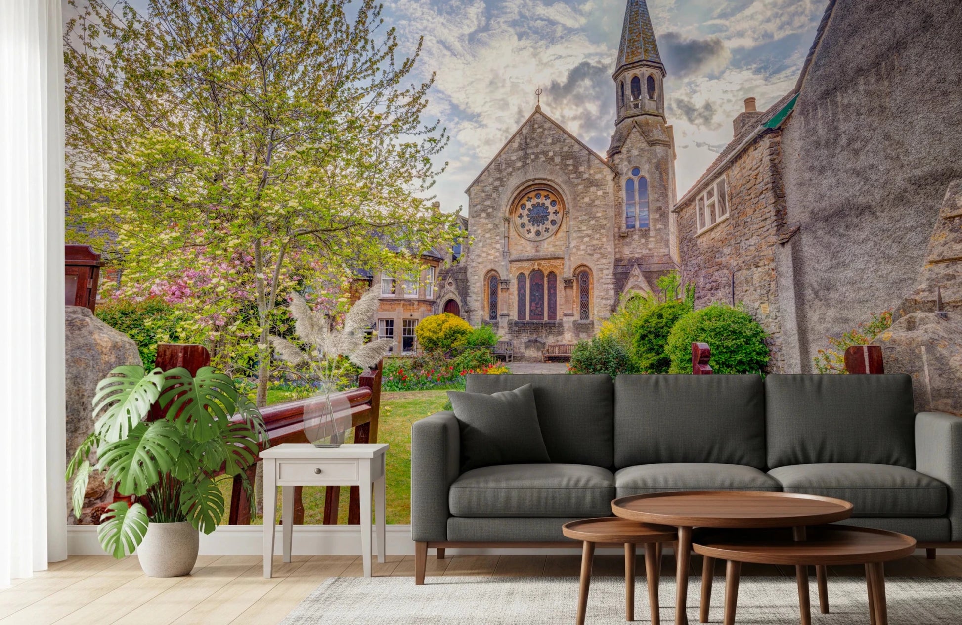 Garden pathway leading to church in Malmesbury Church Wall Mural scene