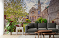 Garden pathway leading to church in Malmesbury Church Wall Mural scene