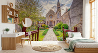 Church facade and pathway in Malmesbury Church Wall Mural with natural setting
