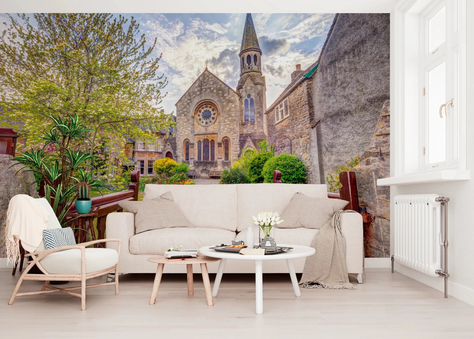 Scenic church entrance in Malmesbury Church Wall Mural with floral surroundings