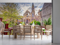 Dining room with Malmesbury Church Wall Mural and detailed stone church exterior